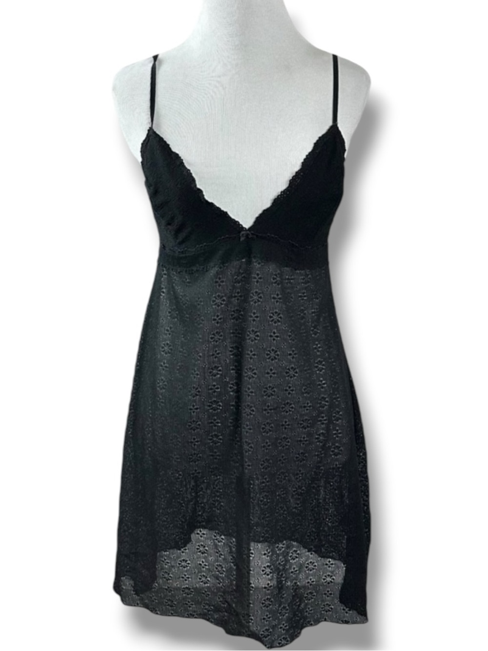 Vintage 90s Black Lace Eberjey Chemise Slip Dress Medium Large USA Dainty Sheer